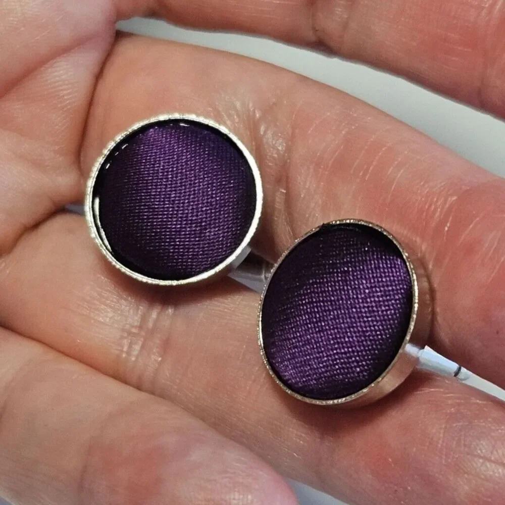 Silver tone purple fabric cufflinks